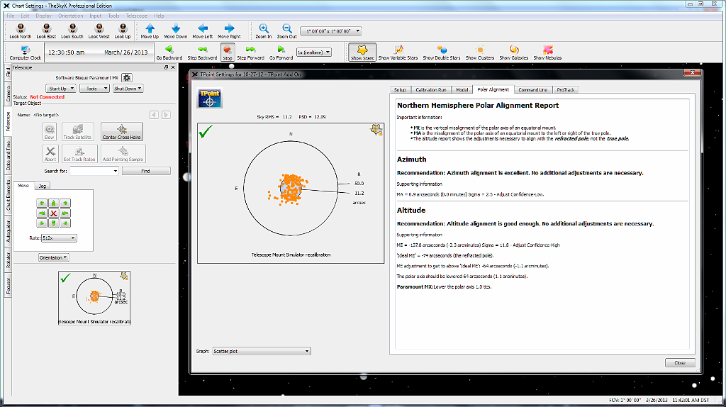 06b TheSkyX screen dump showing TPoint.png - TPoint takes pictures automatically of various parts of the sky and plate solves the image to develop a model of the telescope.  That lets me point to an accuracy of 11 arcseconds.  TPoint also tells me exactly how to adjust the mount to give perfect polar alignment.